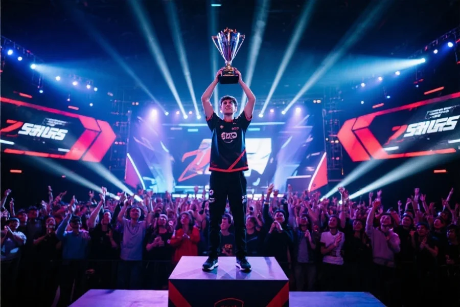 一名电竞选手在领奖台上高举奖杯，台下观众热烈欢呼，舞台灯光璀璨，展现胜利与荣耀